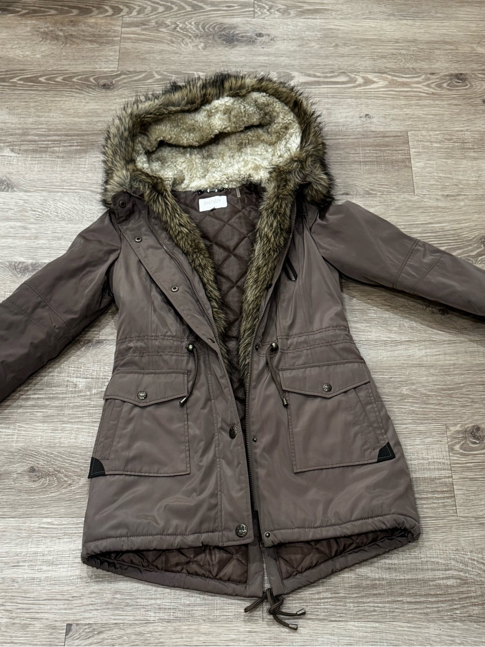 Laundry By Shelli Segal Brown Faux-Fur Trim Hooded Parka S